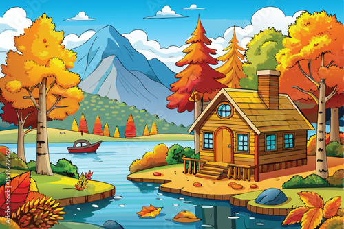 autumn landscape with houses and trees