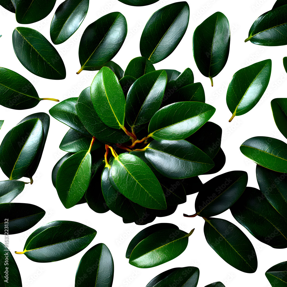 Obraz premium Scattered ficus leaves, dark green and oval, arranged randomly on a white background with no shadows.