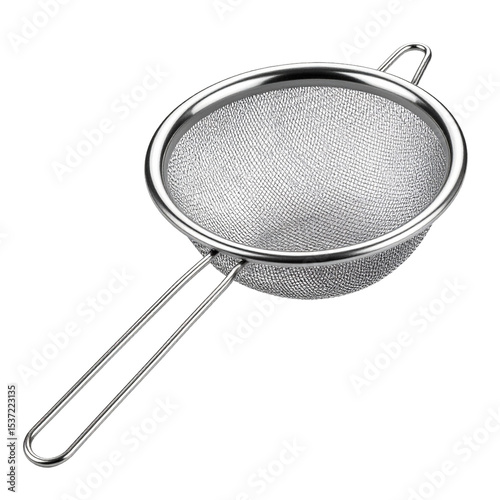 Metallic kitchen strainer, essential utensil for culinary tasks, isolated object on transparent background