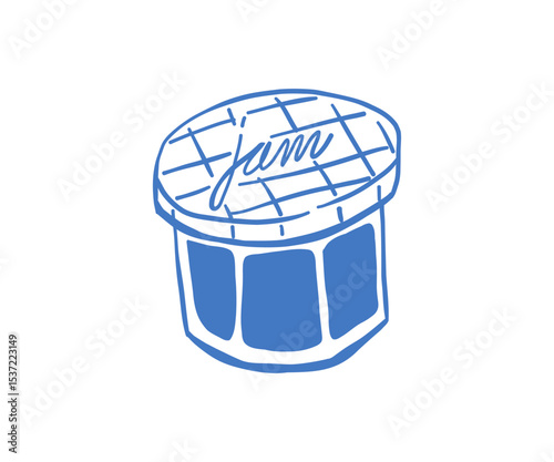 Hand-drawn jar of jam in blue line art style with Mediterranean aesthetic. Simple sketch of sweet fruit preserve in a glass jar with lid. Perfect for packaging, cafe design, or food-themed projects.