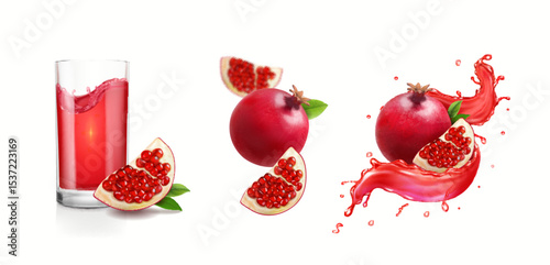 Pomegranate whole and quarter slice with seeds set isolated Juice drinking glass design element with juice splash for advertising Realistic 3d vector illustration