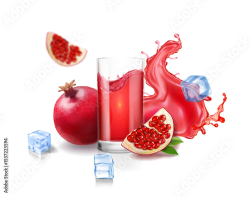 Pomegranates splashing juice ads with drinking glass and fresh pomegranate fruit slice. Vitamin beverage isolated on white background element for advertising 3d vector