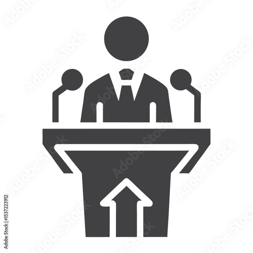 Speaker at Podium with Upward Arrow Icon Gray Silhouette on White Background
