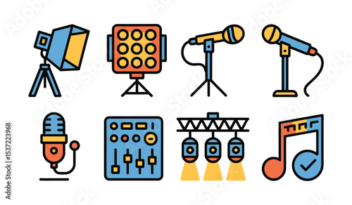 Flat vector icons of lighting and sound equipment including softbox light, led panel, light stand, boom mic, lav mic, audio mixer, lighting rig icon, and soundcheck symbol

