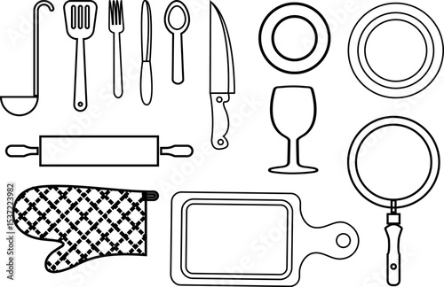 Outlined kitchen utensils and plates in a minimalist black and white vector design