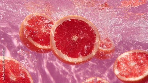 Sliced grapefruits splashing into water with vibrant pink hues