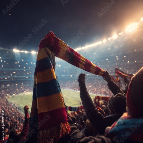 Support. Back view of football, soccer fans cheering their team with colorful scarfs at crowded stadium at evening time. Concept of sport, cup, world, team, event, competition