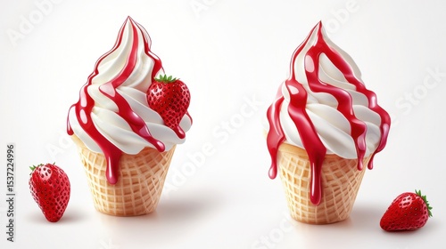 Two strawberry-flavored soft serve ice creams in waffle cones, topped with fresh strawberries and drizzled with strawberry sauce.