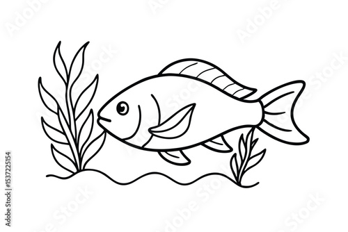 Cichlid fish swimming among aquatic plants in freshwater Line Art Vector illustration
