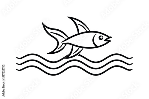 Flying fish leaping over ocean waves in marine theme Line Art Vector illustration