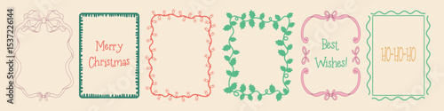 Vintage Christmas border with fir, bow, ribbon and lights. Hand drawn holiday frame for poster, banner, greeting or invitation. New Year and Christmas decoration vector set.