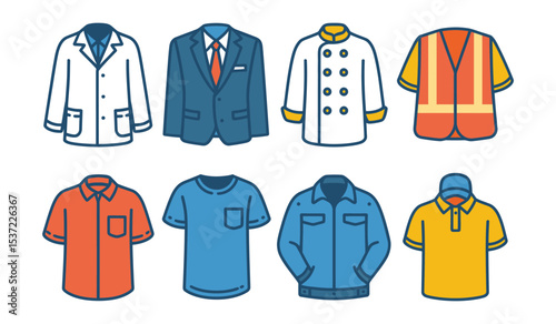 Set of flat vector icons for uniforms and workwear such as lab coat, chef’s jacket, formal business attire, construction safety vest, office blouse, medical scrubs, and delivery outfit

