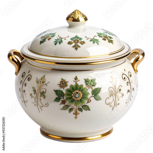 Exquisite porcelain tureen displaying intricate botanical motifs and golden accents on transparent background photo