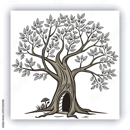 Hollow tree trunk with a large hole at the base. Large opening at the base of a trunk. Darkness inside a tree and mysteries of the forest. Old tree with large hollow cave inside, potential animal den.