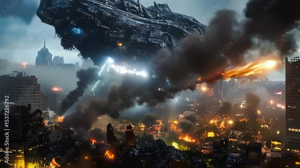 A futuristic scene depicting a giant alien spaceship being attacked during alien invasion hovering over a devastated cityscape, featuring glowing lights and stormy weather. apocalyptic atmosphere.