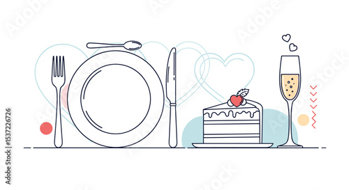A Romantic Dinner Setting with Cake and Champagne for Celebration