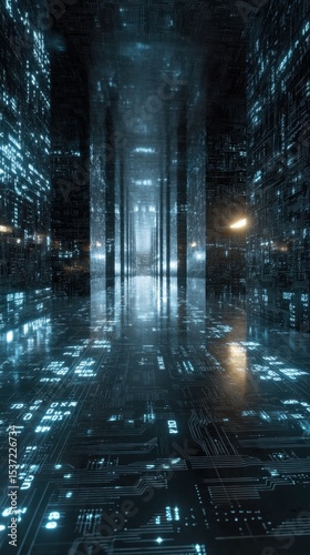 Futuristic Cityscape with Digital Data Streams and Reflective Surfaces