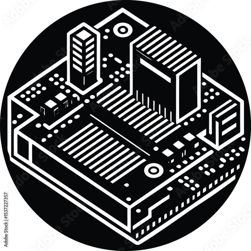 Isometric Monochrome Representation of a Silhouette Printed Circuit Board within a Circle