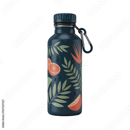 Close up of a blue water bottle with tropical fruit and leaf design on a transparent background studio shot