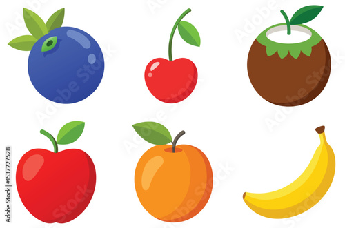 Collection of six colorful flat fruit illustrations