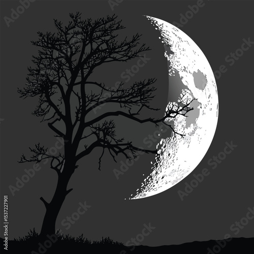 Silhouette of a Lone Tree Underneath a Half Moon Nighttime Nature Illustration