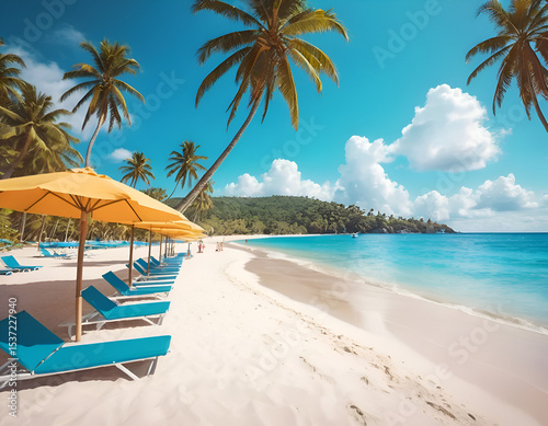 A sunny tropical beach scene with crystal-clear turquoise water, white sand, colorful beach umbrellas