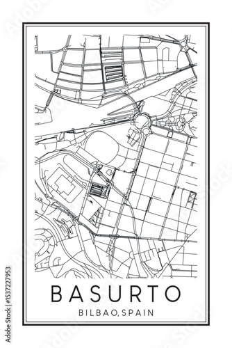 Hand drawn printable downtown road map poster of district BASURTO of the Spanish city of BILBAO on solid white background with city name