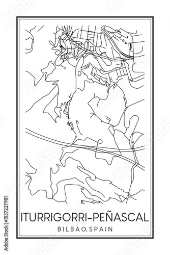 Hand drawn printable downtown road map poster of district ITURRIGORRI-PEÑASCAL of the Spanish city of BILBAO on solid white background with city name