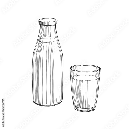 Vector hand-drawn vintage illustration of a bottle and glass of milk. Black and white sketch of a fresh drink.