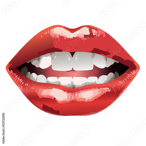 an image of female lips covered with bright red lipstick.Inside the mouth
