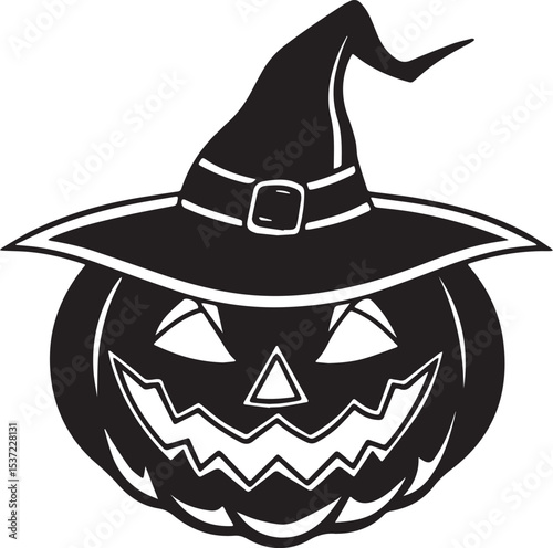 Spooky Halloween pumpkin wearing a witch hat with an evil face, a festive autumn celebration illustration