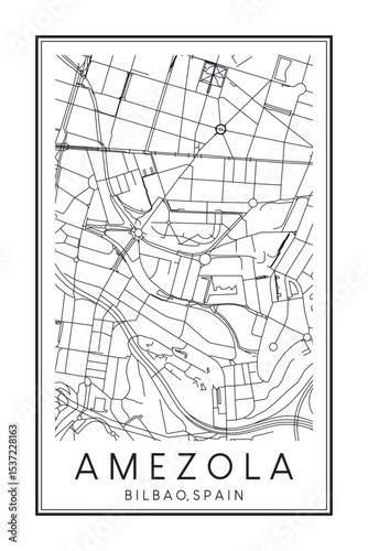 Hand drawn printable downtown road map poster of district AMEZOLA of the Spanish city of BILBAO on solid white background with city name