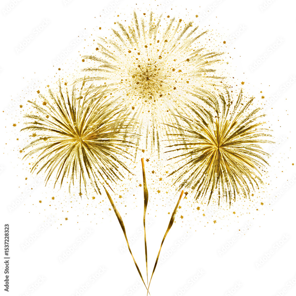 Fototapeta premium Golden fireworks celebration burst isolated on a white background