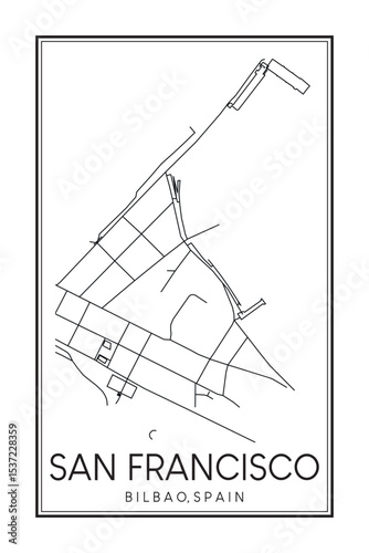 Hand drawn printable downtown road map poster of district SAN FRANCISCO of the Spanish city of BILBAO on solid white background with city name