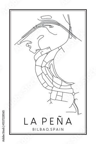 Hand drawn printable downtown road map poster of district LA PEÑA of the Spanish city of BILBAO on solid white background with city name