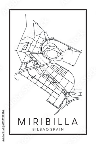 Hand drawn printable downtown road map poster of district MIRIBILLA of the Spanish city of BILBAO on solid white background with city name