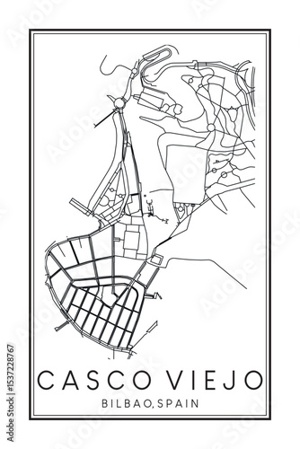 Hand drawn printable downtown road map poster of district CASCO VIEJO of the Spanish city of BILBAO on solid white background with city name
