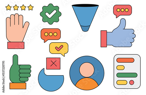 Flat vector icons set of user reviews and feedback including star rating system, thumbs up icon, verified buyer badge, comment bubble, review sorting filter, helpful vote, avatar, and satisfaction bar