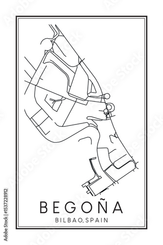 Hand drawn printable downtown road map poster of district BEGOÑA of the Spanish city of BILBAO on solid white background with city name