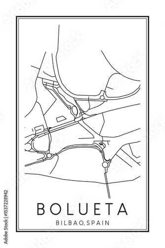 Hand drawn printable downtown road map poster of district BOLUETA of the Spanish city of BILBAO on solid white background with city name