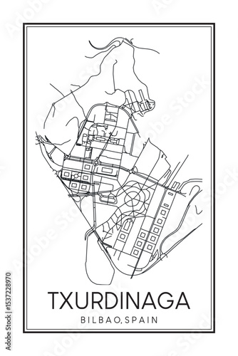 Hand drawn printable downtown road map poster of district TXURDINAGA of the Spanish city of BILBAO on solid white background with city name