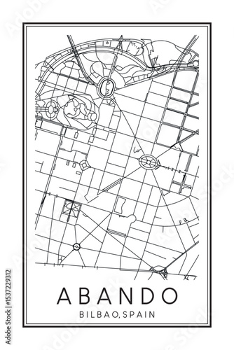 Hand drawn printable downtown road map poster of district ABANDO of the Spanish city of BILBAO on solid white background with city name