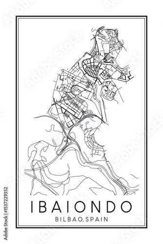 Hand drawn printable downtown road map poster of district IBAIONDO of the Spanish city of BILBAO on solid white background with city name
