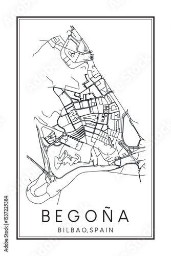 Hand drawn printable downtown road map poster of district BEGOÑA of the Spanish city of BILBAO on solid white background with city name