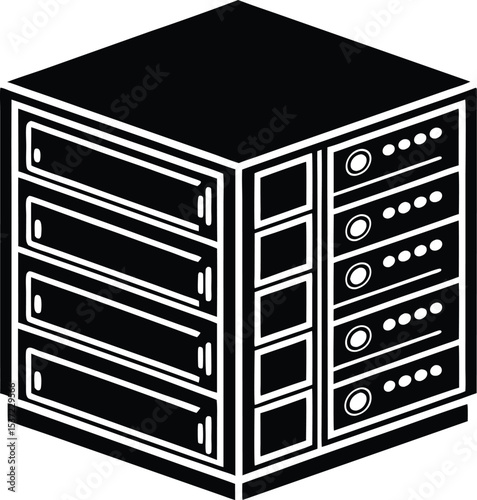 Isometric server rack cabinet featuring network servers Silhouette and storage devices in black and white