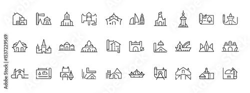 Set of Religious Architecture and Worship Places Icons – Collection of Churches, Temples, Mosques, and Sacred Buildings