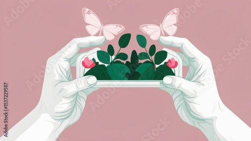 A square planter with blooming pink flowers and green leaves is held gently by two hands.