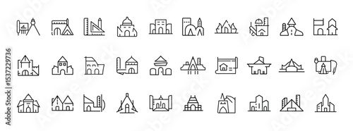 Set of Religious Architecture and Worship Places Icons – Collection of Churches, Temples, Mosques, and Sacred Buildings