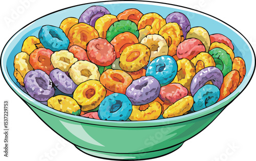 Colorful bowl of fruity cereal bright vector illustration for breakfast and food concepts