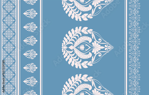 Ethnic tribes, Lanna fabric pattern, seamless abstract flowers, blue wallpaper